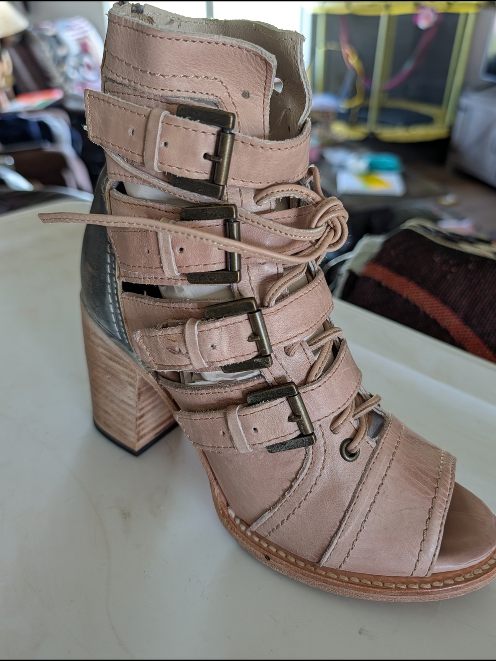 freebird Blush Multi-Buckle Lace-Up Peep Toe Block Heel Bootie
